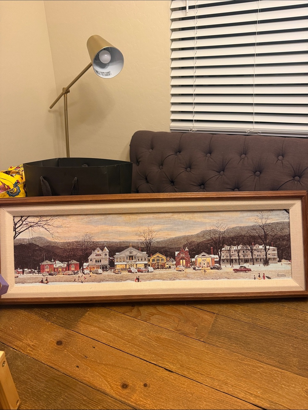 Norman Rockwell Winter Village Scene - Brown, White, Yellow, Red